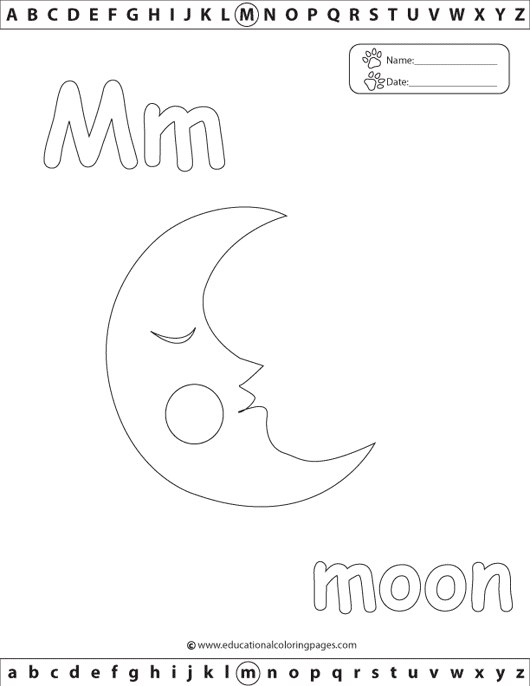 moon coloring, letter m coloring